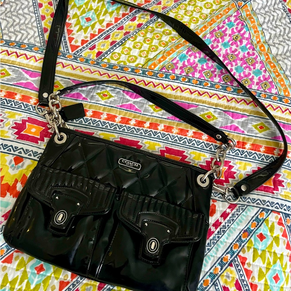 Coach Patent Leather Bag with Two Straps & Dog Tags in EUC